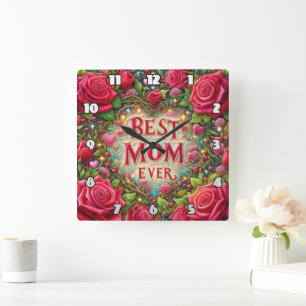 Bästa Mamma: Ro, Hearts, Golden Glow Fyrkantig Klocka