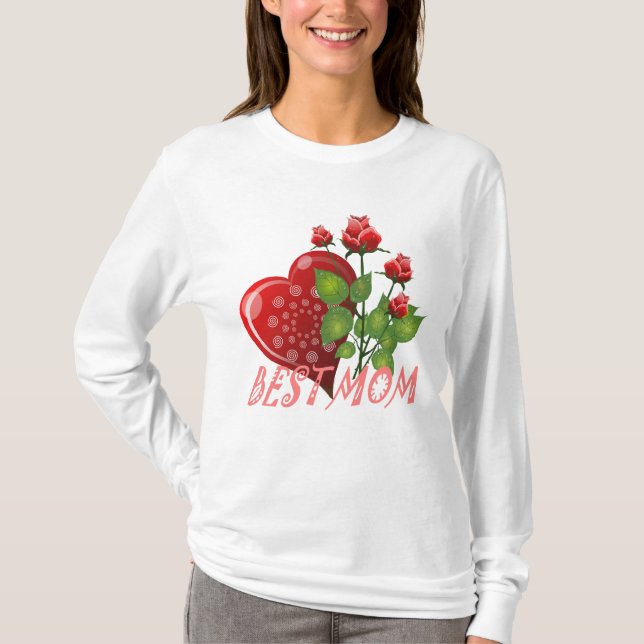 Bästa Mamma, Röda hjärtat och Grönt Löv T Shirt (Framsida)