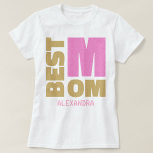 Bästa Mamma Rosa Guld Glitter Namn Anpassad T Shirt