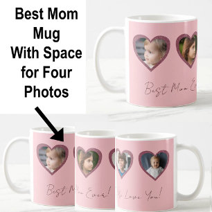 Bästa Mamma Rosa Hearts Fyra barn Fotokollage Kaffemugg