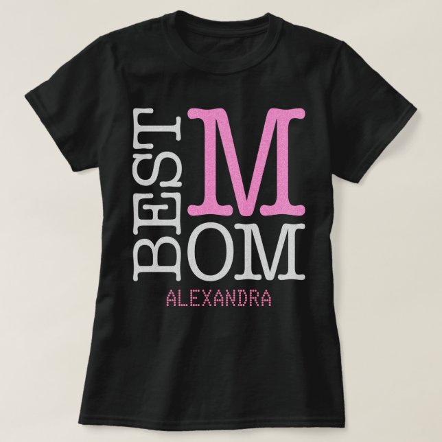 Bästa Mamma Silver rosa Glitter Namn Personlig T Shirt (Design framsida)