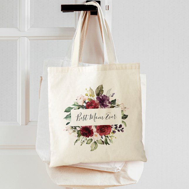 Bästa mamma Vattenfärg Burgunder Grönska Blommig R Tygkasse (Best Mom Watercolor Burgundy Greenery Floral Frame Tote Bag)