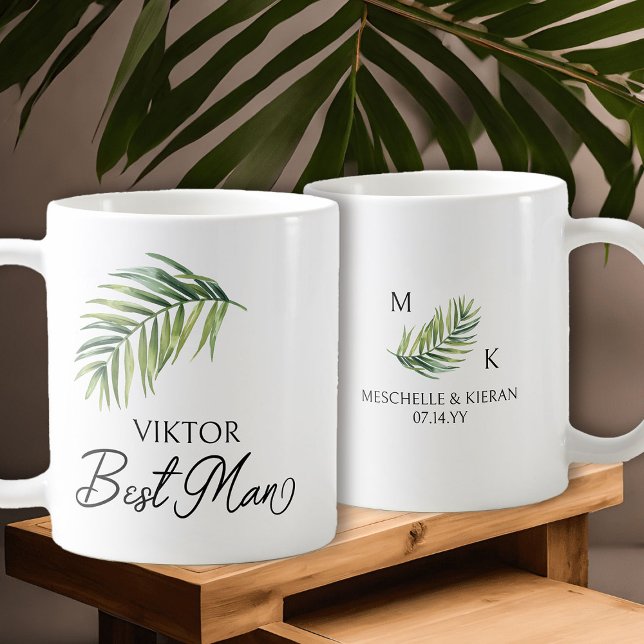 Bästa man Handflatan Löv Bröllopsfest Gift Kaffemugg (Best Man coffee mug with tropical palm leaf and calligraphy)