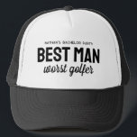 Bästa man, mest golfer, lustigt golf-bachelparti keps<br><div class="desc">För golftemat bachelor party, få ett bra skratt med den här personligen perfekt för bästa man. Den innehåller ordalydelsen "Bästa man sämsta golfer", men den svarta texten kan anpassas efter ditt val av ordalydelse. Hitta samordning av klumpor och mer färg i Golf och Brews innan jag gör-samlingen av Lea Delaveris...</div>