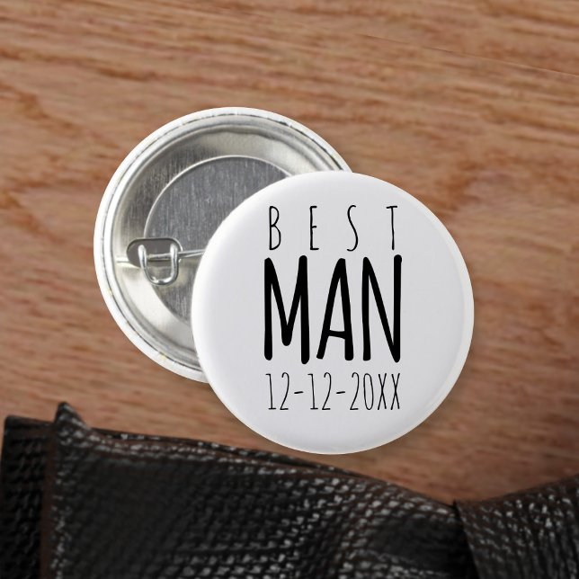 Bästa Man Svart och Vitt Bröllopsfest Knapp (Fun button to attach to your Best Man. Just add your wedding date)