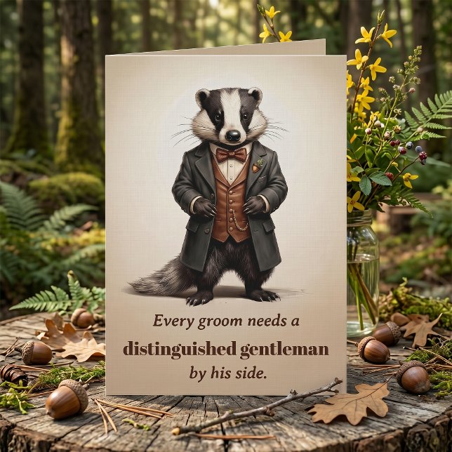 Bästa Mannen Förslag Gentleman Grävling - Mörk Aka Kort (Gentleman Badger Vintage Victorian Style Groom Illustration. Will you be my best man proposal card)