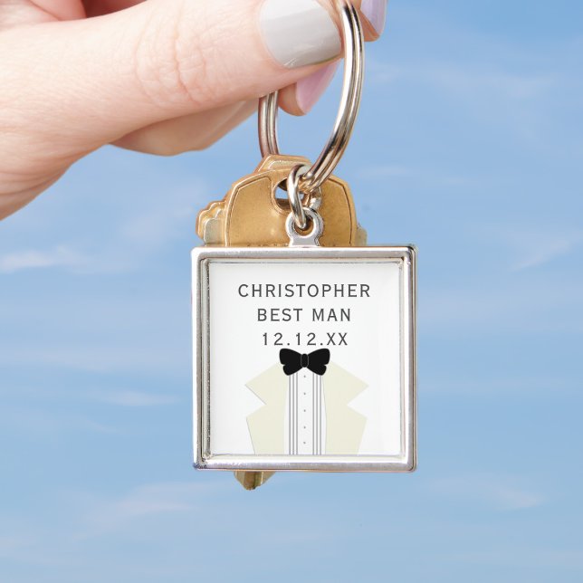 Bästa mans smoking bröllop svart slips nyckelring (Add your Best Man's name and your wedding date to this quirky tuxedo keychain. A lovely memento!)