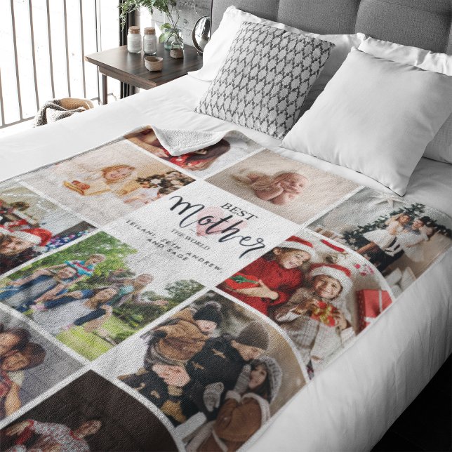 Bästa Mor i World Photo Collage Rosa Heart Fleecefilt (Best Mother in the World in a fun typography design with 11 family photo slots)