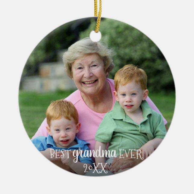 Bästa mormor, 2 sidor, 2 fotopilar julgransprydnad keramik (Framsidan)