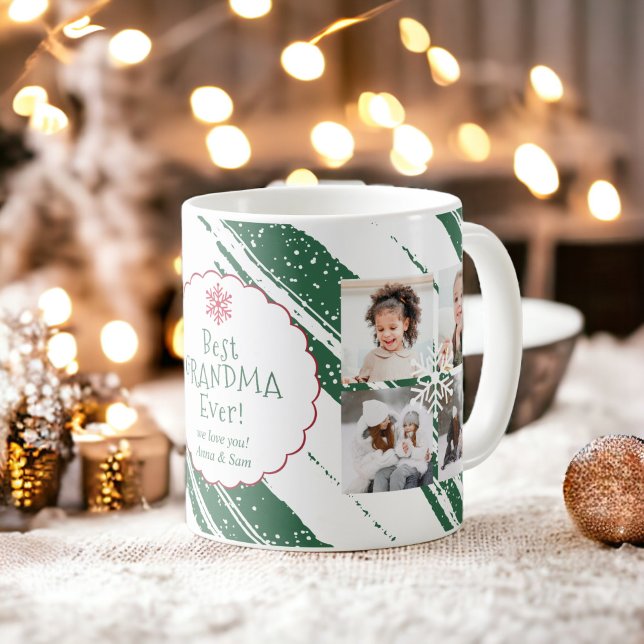 Bästa mormor 5 foton Jul rand snö grönt Kaffemugg (Best grandma 5 photos Christmas stripes snow green Coffee Mug)