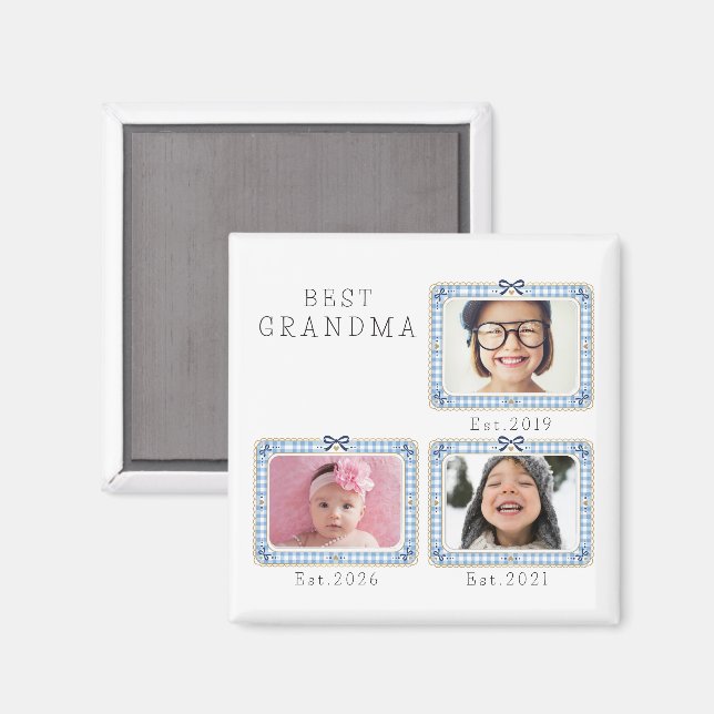 Bästa Mormor Est Anpassad Datum 3 Foto Söt Preppy Magnet (Front/Back)