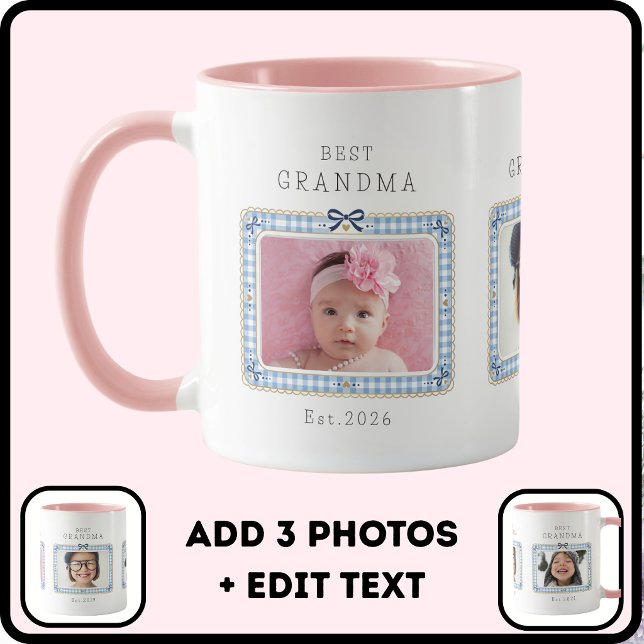 Bästa Mormor Est Anpassad Datum 3 Foto Söt Preppy Mugg (Skapare uppladdad)