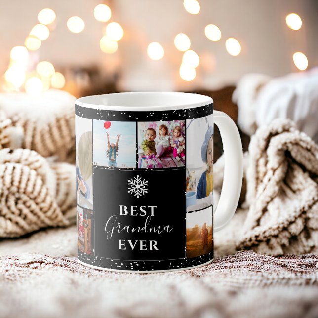 Bästa mormor jul 5 foton, svart, svart fotonätverk kaffemugg (Best grandma Christmas 5 photos collage grid black Coffee Mug)