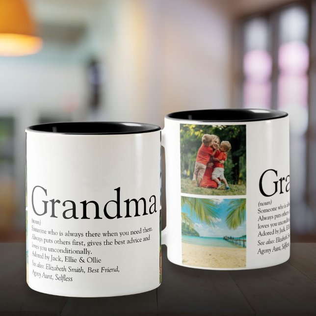 Bästa Mormor/Morfar, Mormor Definition 4 Fotokolla Två-Tonad Mugg (Best Grandma, Granny Definition 4 Photo Collage Two-Tone Coffee Mug)
