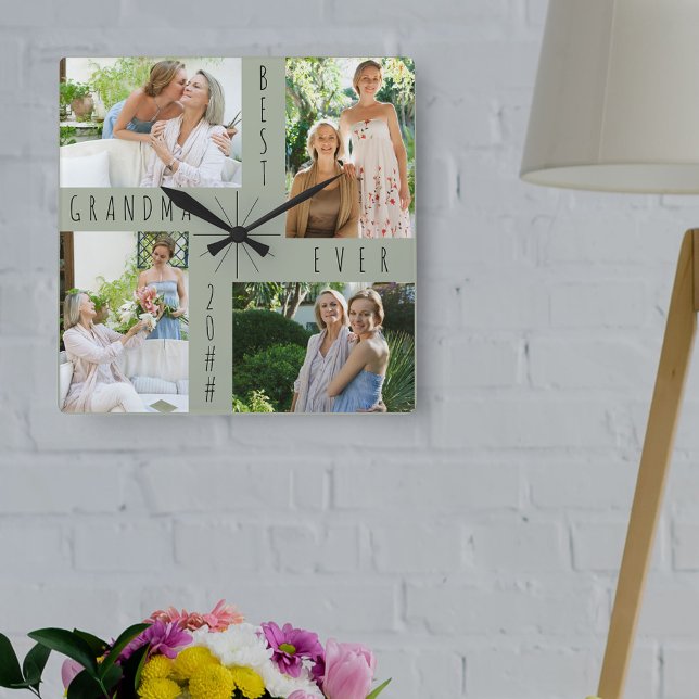 Bästa mormor någonsin 4 Photo Collage Grönt Fyrkantig Klocka (Skapare uppladdad)