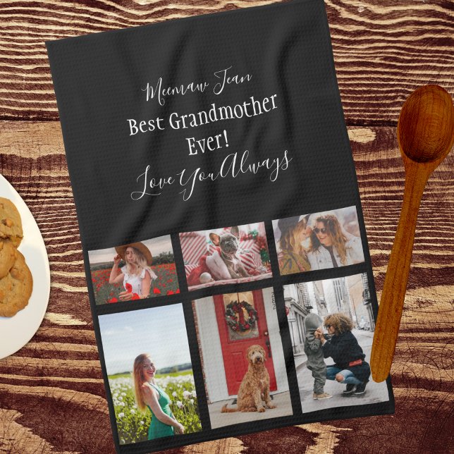 Bästa mormor någonsin 6 Photo Collage White Script Kökshandduk (Skapare uppladdad)