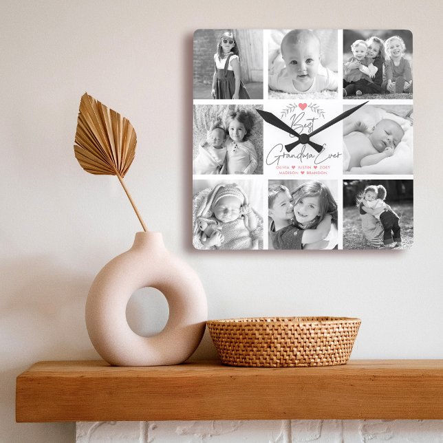 Bästa mormor någonsin Modern skript 8 fotosamling Fyrkantig Klocka (Skapare uppladdad)