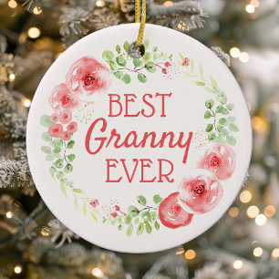 Bästa Mormor Någonsin Vattenfärg Blommig Krans Julgransprydnad Keramik