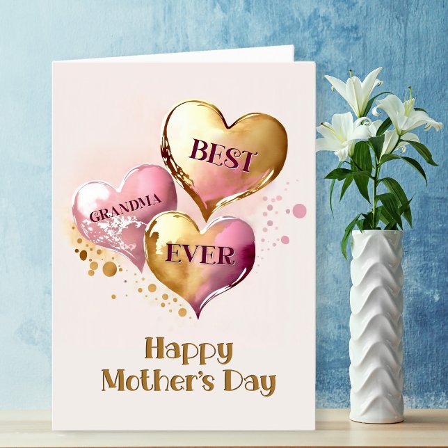 Bästa mormor Rosa Guld Hearts Mors dag Helgkort (Skapare uppladdad)