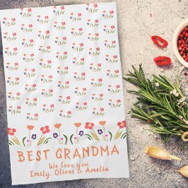 Bästa mormor, sommarblommor Mönster Teckning Kökshandduk