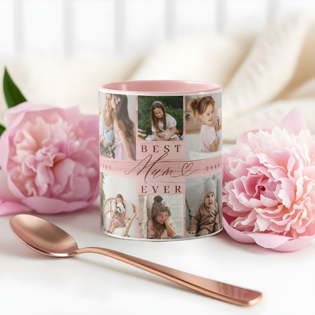 Bästa Morsa-familjens Foto Collage Rosa Woodgrain Mugg (Best Mum Ever Family Photo Collage Pink Woodgrain Mug)