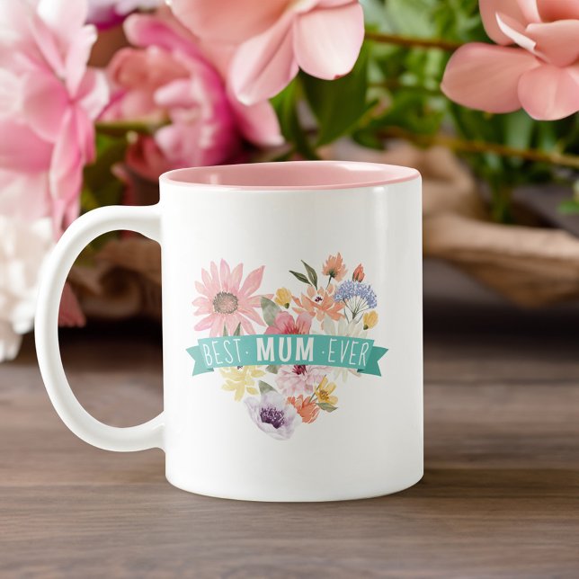 Bästa Morsa någonsin | Blodblommor Heart Photo Två-Tonad Mugg (Best Mum Ever | Blooming Wildflowers Heart Photo Two-Tone Coffee Mug)