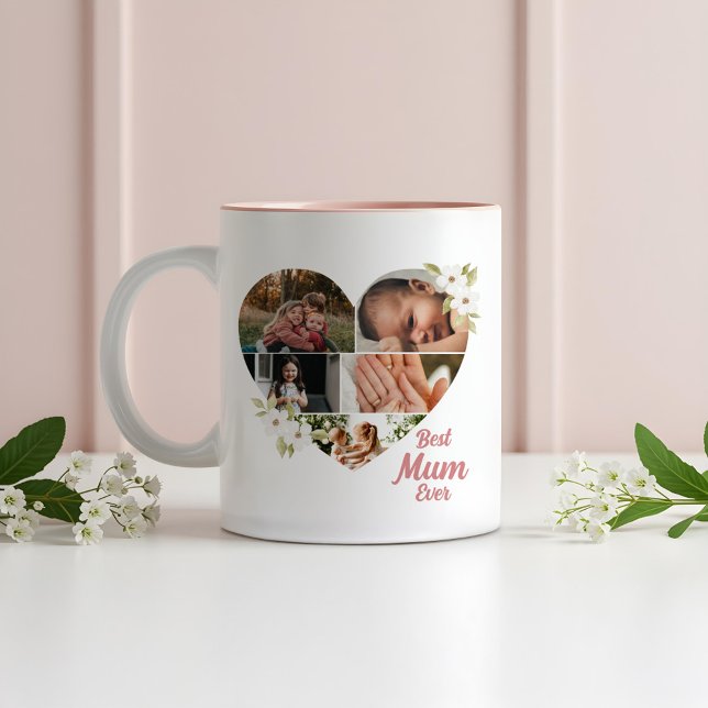 Bästa Morsa någonsin-Elegant-Blommigt Heart Photo  Två-Tonad Mugg (Best Mum Ever Elegant Floral Heart Photo Collage Two-Tone Coffee Mug)