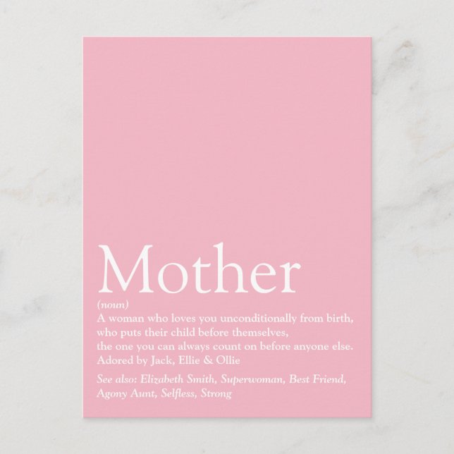Bästa någonsin Mamma, Morsa, Mor Definition Rosa Vykort (Framsida)