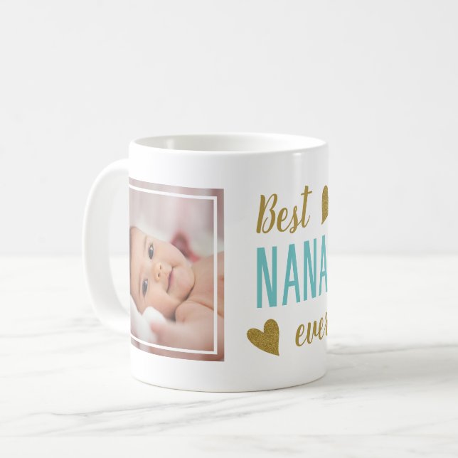 Bästa Nana Någonsin 2 Foto Blå Och Guld Minnessake Kaffemugg (Framsida vänster)