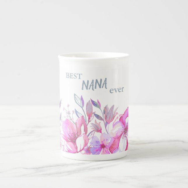 Bästa Nana någonsin Rosa och Lila blommor Benporslin Mugg (Framsidan)