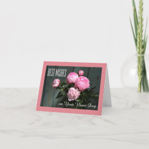 Bästa önskemål, namn Dag-kort rosa-peonier på blåt Kort