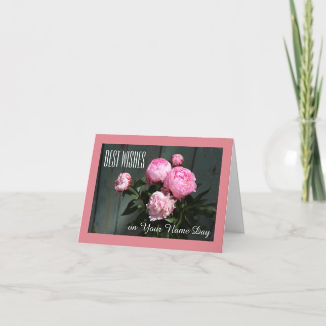 Bästa önskemål, namn Dag-kort rosa-peonier på blåt Kort (Framsida)