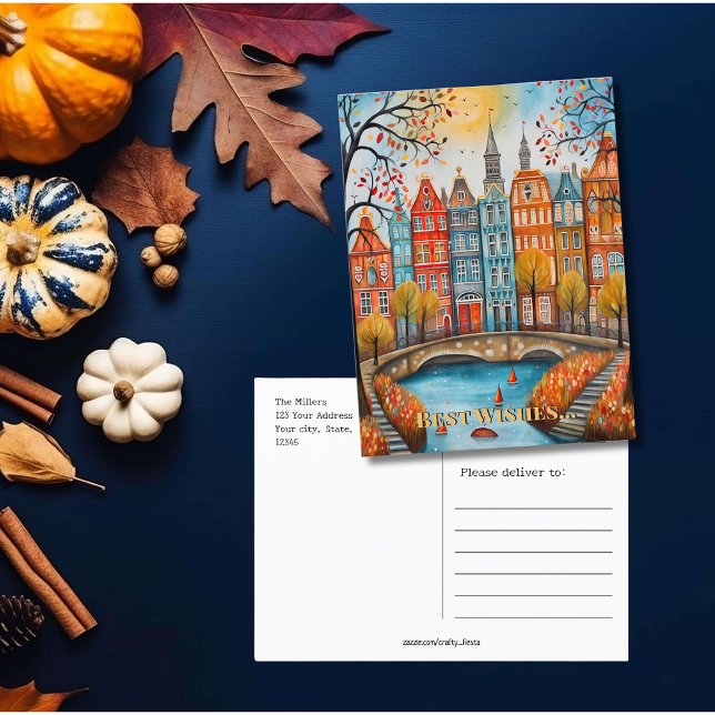 Bästa Önskemål-vikningen i Amsterdam Vykort (Best Wishes Whimsical Fall in Amsterdam Postcard)