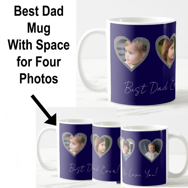Bästa pappa blå hjärtan fyra barn fotokollage  kaffemugg (Skapare uppladdad)