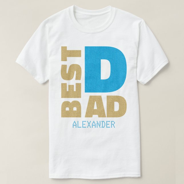 Bästa Pappa-blått Guld-Namn-Glitter, anpassad T Shirt (Design framsida)