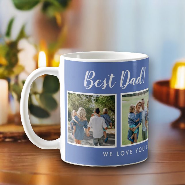 Bästa Pappa! Blue för Photos Collage Message Blue Kaffemugg (Best dad script font with 6 family photo slots, along with a custom message for your number 1 Dad.)