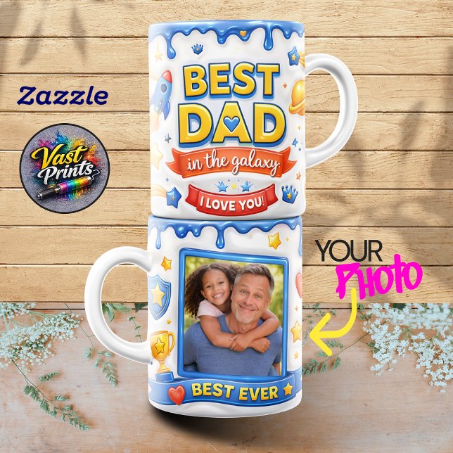 Bästa pappa i galaxen raketfartyg fotocollage mugg (Best Dad in the Galaxy Rocket Ship Photo Collage Mug)