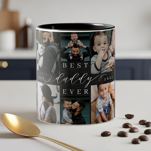 Bästa pappa någonsin Black Woodgrain Photo Collage Två-Tonad Mugg (Best Daddy Ever Black Woodgrain Photo Collage Two-Tone Coffee Mug)