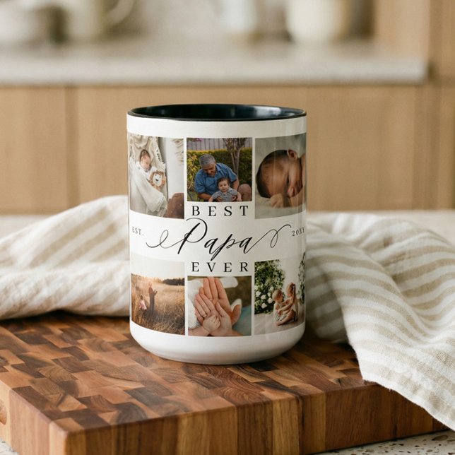 Bästa Pappa någonsin-Elegant-skript 8-fotokollage Två-Tonad Mugg (Father’s Day Gift Best Papa Ever Photo Collage Two-Tone Coffee Mug)