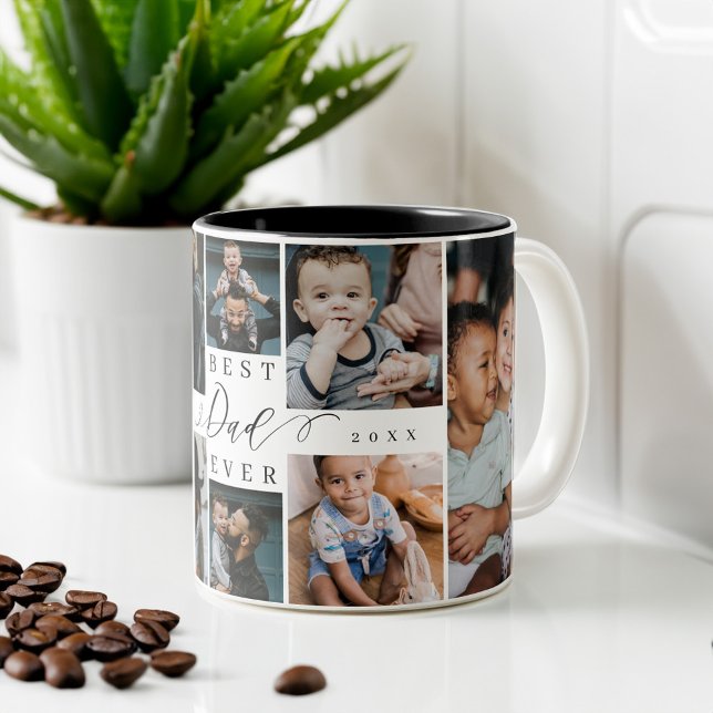 Bästa Pappa någonsin | Fars dag 8 Fotokollage Två-Tonad Mugg (Best Dad Ever | Father's Day 8 Photo Collage Two-Tone Coffee Mug)