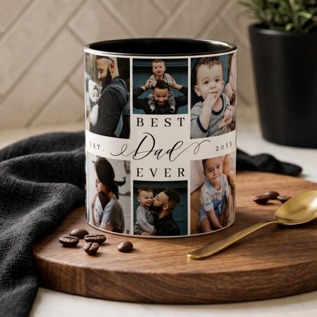 Bästa pappa någonsin | Fars dag 8 Fotosammanställn Två-Tonad Mugg (Best Dad Ever | Father's Day 8 Photo Collage Two-Tone Coffee Mug)