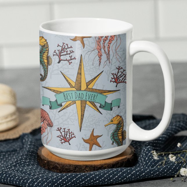 Bästa Pappa någonsin Fars dag under Sea Photo Kaffemugg (Best Dad Ever Father's Day Under the Sea Mug with Photo. Nautical Star and Rope for Captain Dad)
