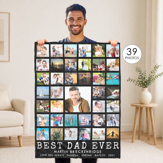 BÄSTA PAPPA NÅGONSIN Foto Collage Din Text Svart Fleecefilt (Skapare uppladdad)