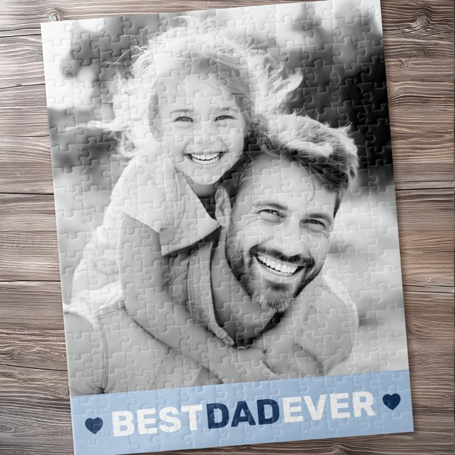 Bästa pappa någonsin-fotohjärtan blått fars dag pussel (Best dad ever photo hearts blue fathers day jigsaw puzzle)