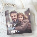 Bästa pappa någonsin-fotohjärtan fars dag<br><div class="desc">Nyckelkedja som innehåller anpassningsbarnas foto och texten "Bästa pappa någonsin" som en vit och ljusblå övertäckning i grund lämnat hörn.</div>