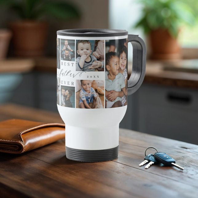 Bästa pappa någonsin manus Fars dag fotokollage Resemugg (Best Father Ever Script Father's Day Photo Collage Travel Mug)