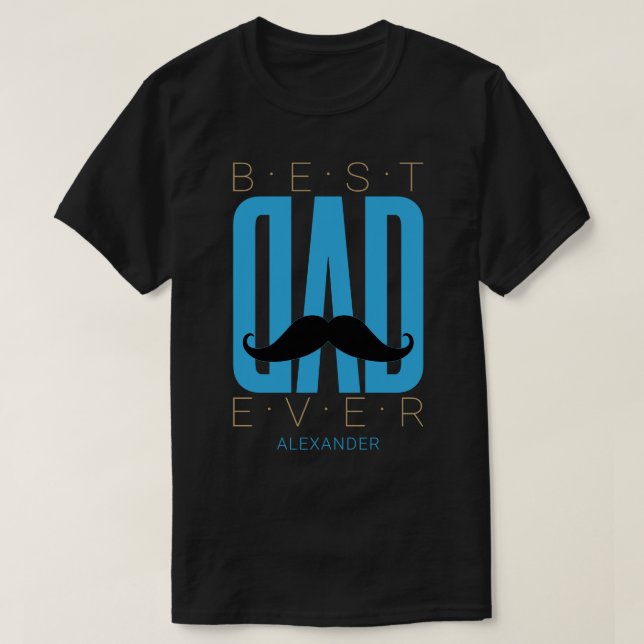 Bästa Pappa någonsin Mustache Blue Black Guld Namn T Shirt (Design framsida)