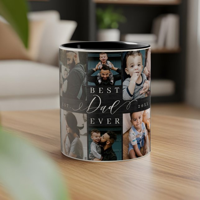 Bästa Pappa någonsin presentera svart fotokollage  Två-Tonad Mugg (Best Dad Ever Gift Black Woodgrain Photo Collage Two-Tone Coffee Mug)