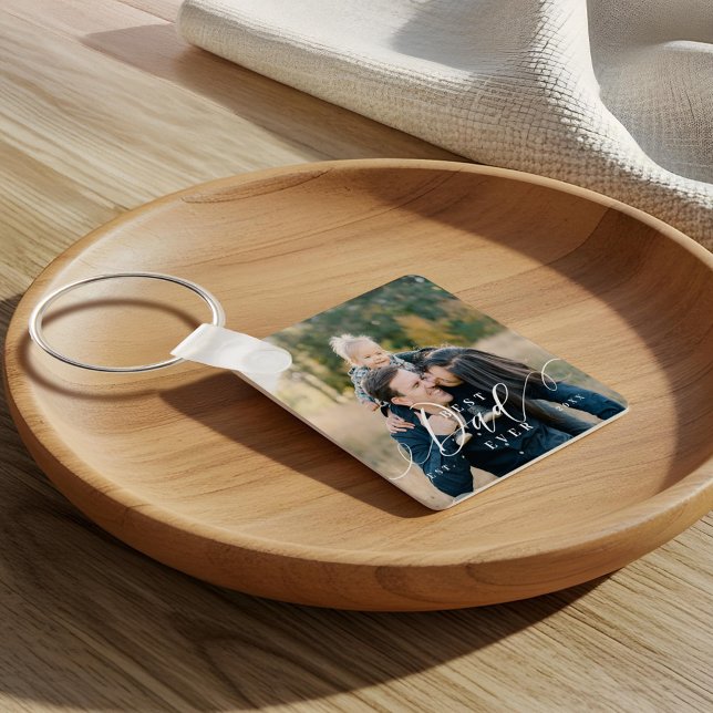 Bästa Pappa någonsin skript Fars dag Photo Keepsak Nyckelring (Best Dad Ever Script Father's Day Photo Keepsake Keychain)