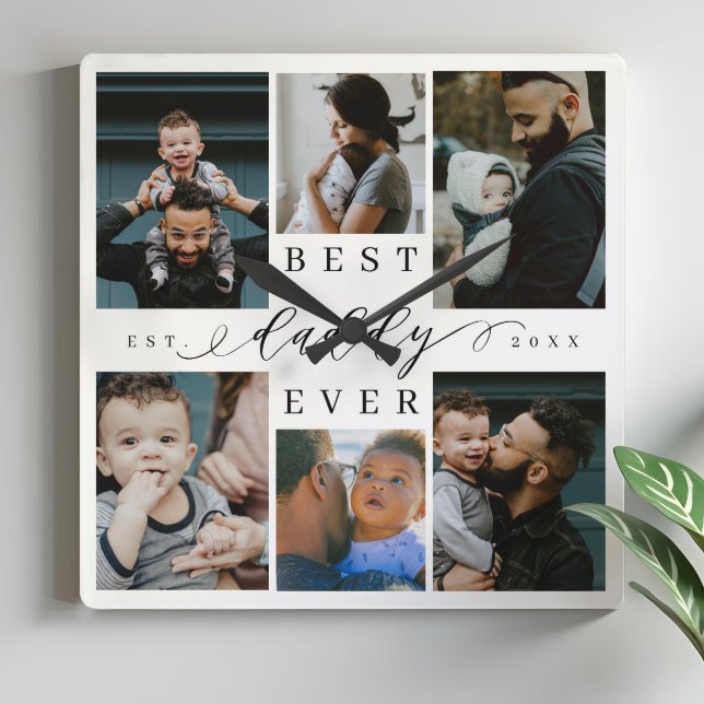 Bästa pappa nånsin | Fars dag 6 Fotokollage Fyrkantig Klocka (Best Daddy Ever | Father's Day 6 Photo Collage Square Wall Clock)